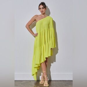 Asymmetric One-Shoulder Neon Yellow Midi Dress